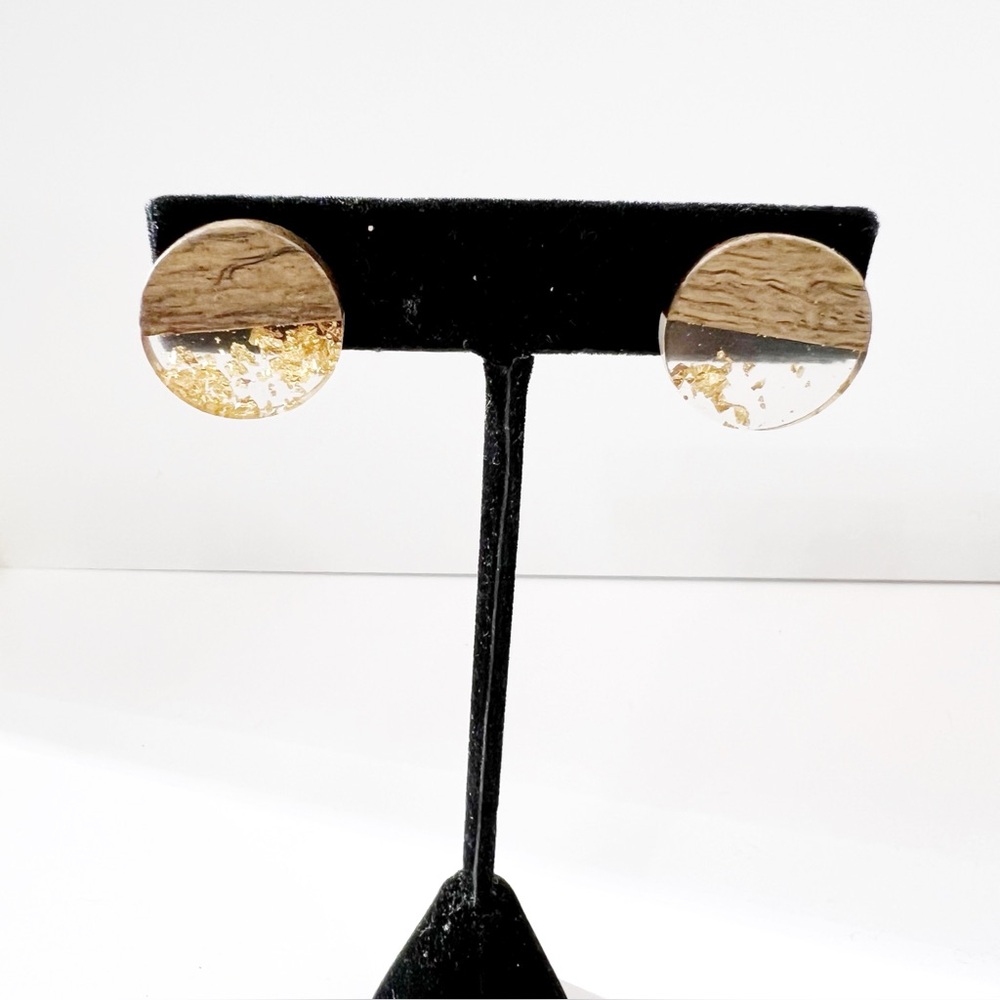 Gold Leaf & Wood Resin Stud Earrings - Natural Luxe Style